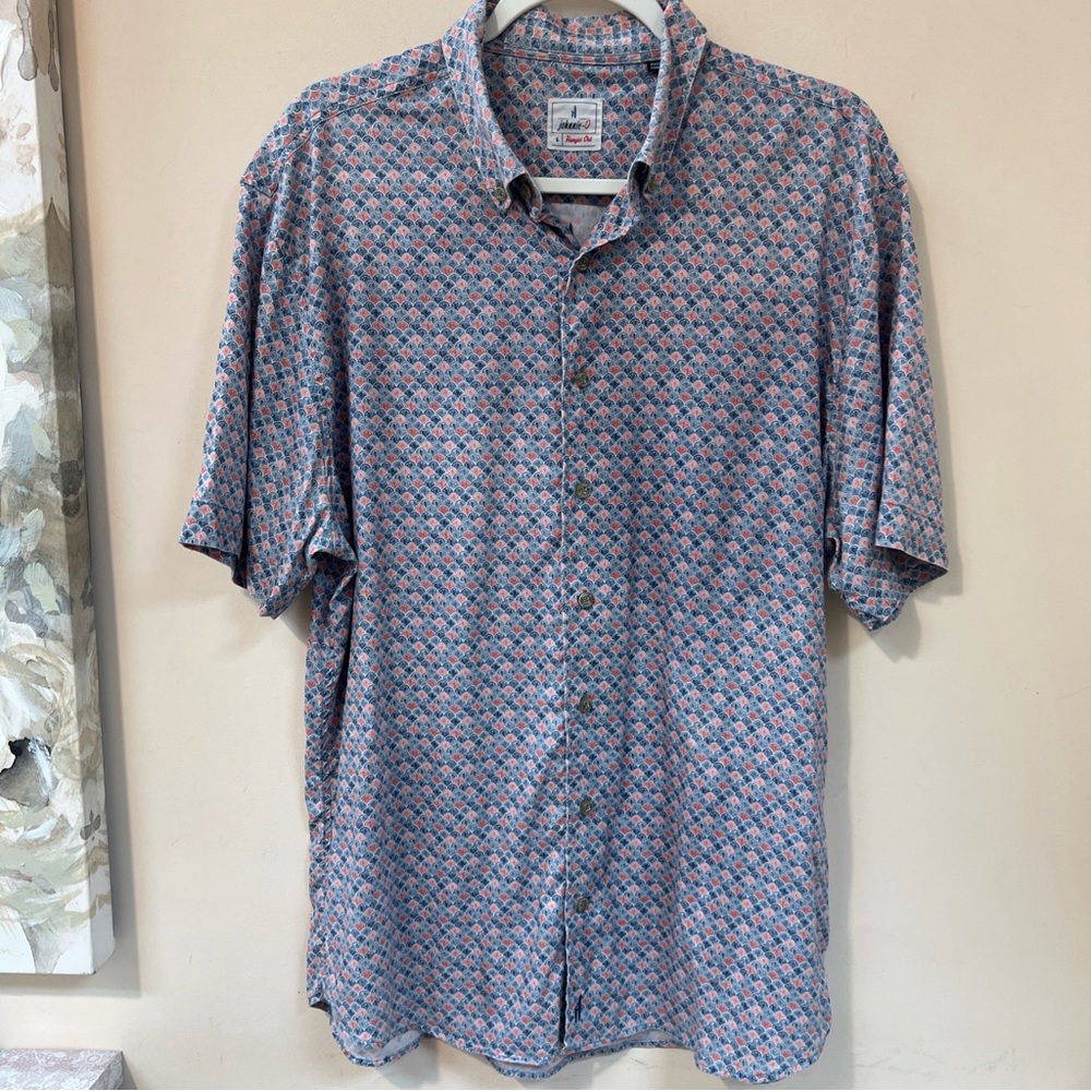 johnnie-O Button-Down Shirt Mens Large Blue‎ Red Geometric Hangin Out Short Slv